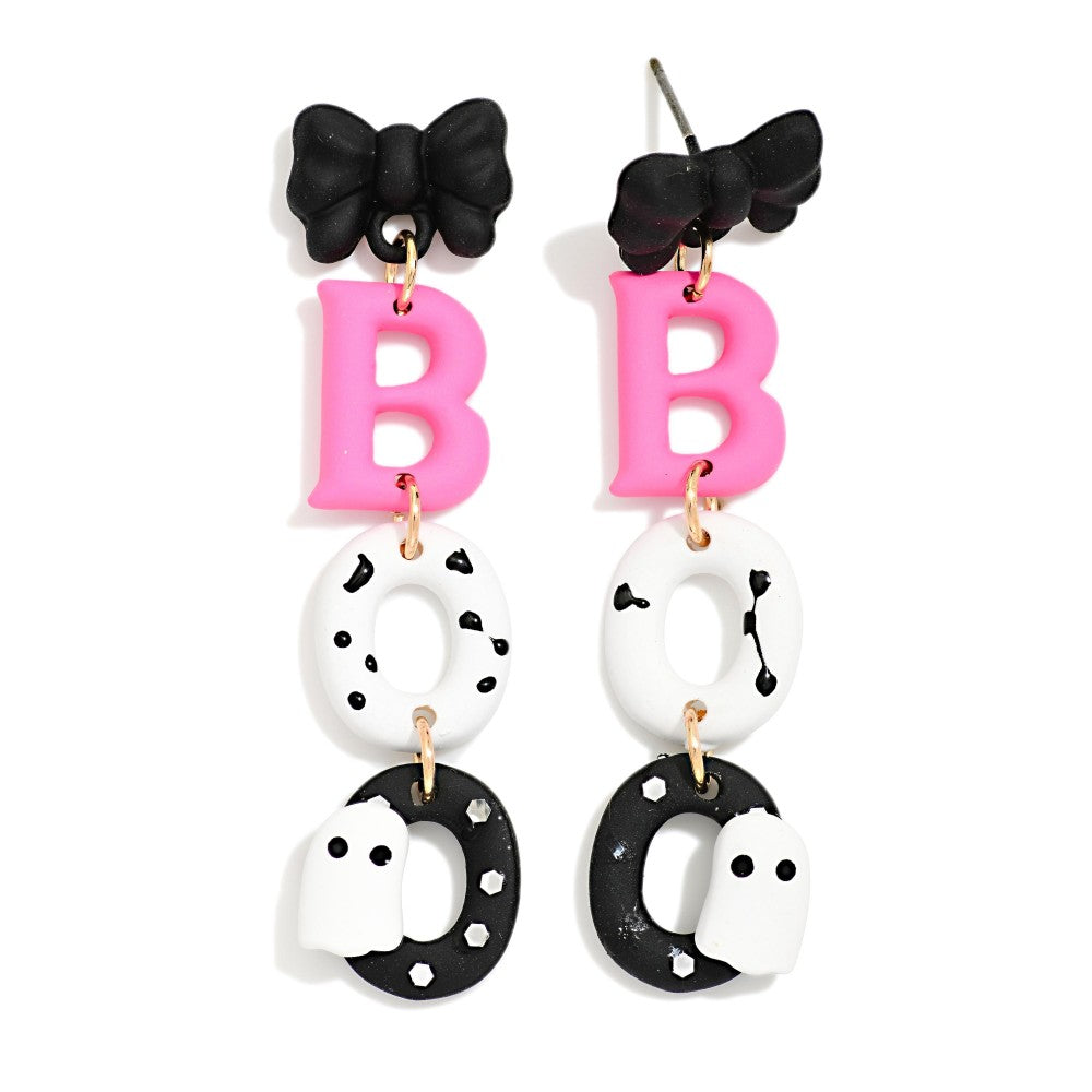 Polymer Clay Linked "BOO" & Bow Ghost Drop Earrings
