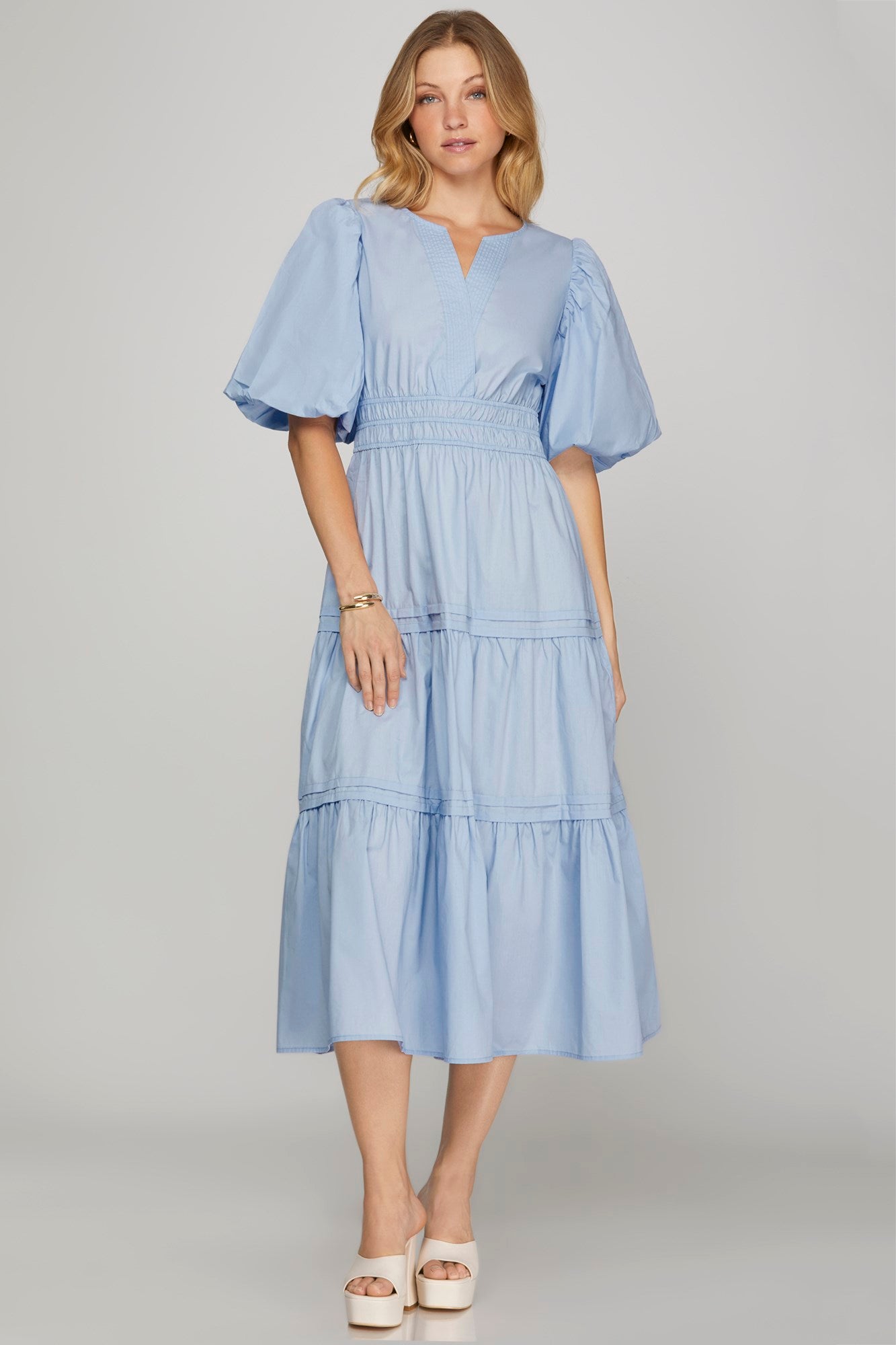 BALLOON HALF SLEEVE POPLIN V NECK TIERED MIDI DRESS WITH POCKETS