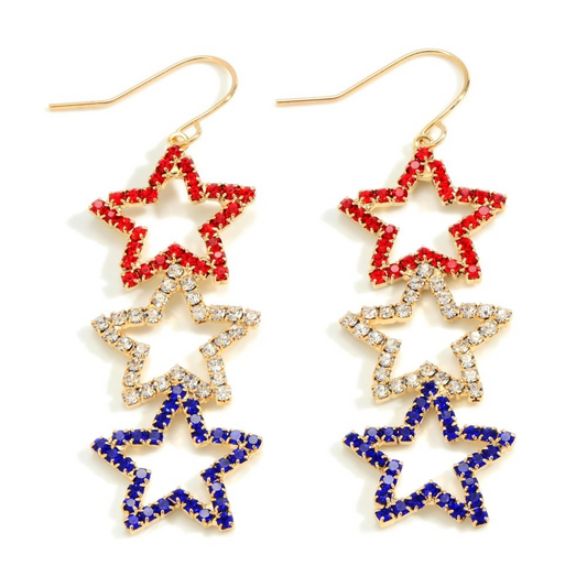 Metal Tone Rhinestone Red, Silver, and Blue Star Drop Earrings