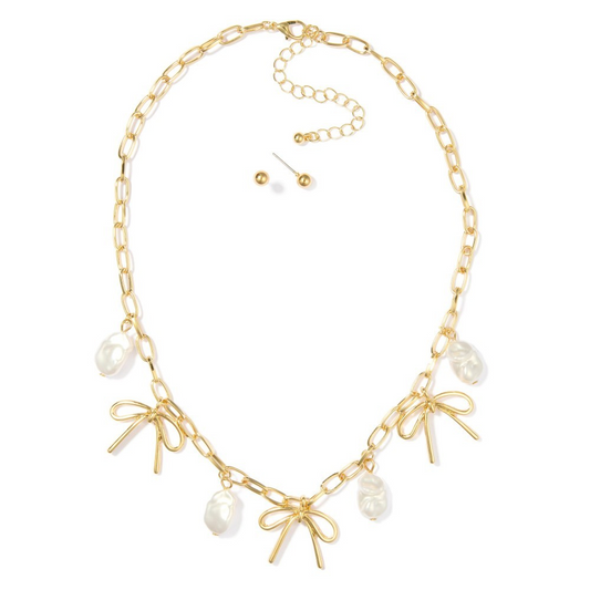 Chain Link Charm Necklace Featuring Metal Tone Bows & Baroque Pearl Charms