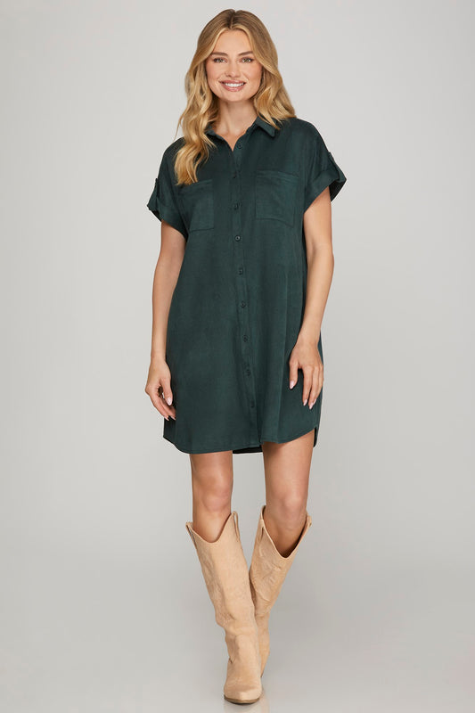 DROP SHOULDER BUTTON UP SUEDE SHIRT DRESS WITH POCKETS