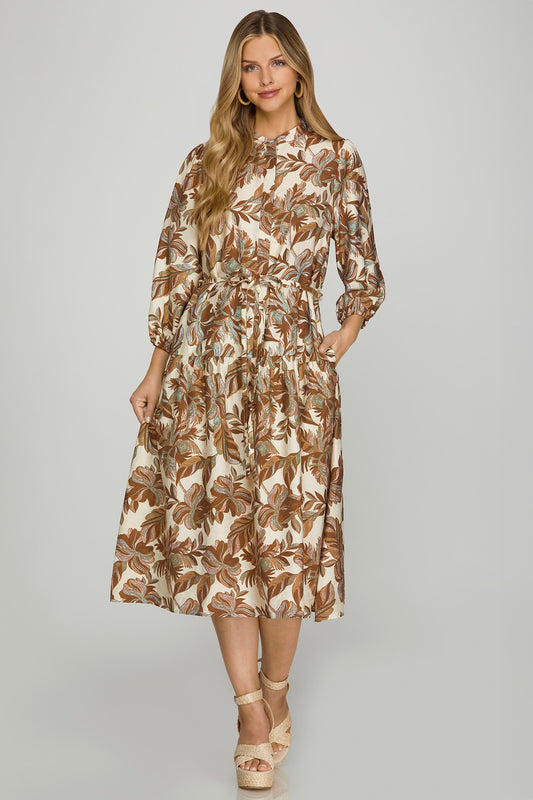 BROWN MIDI DRESS WITH WAIST TIE AND POCKETS