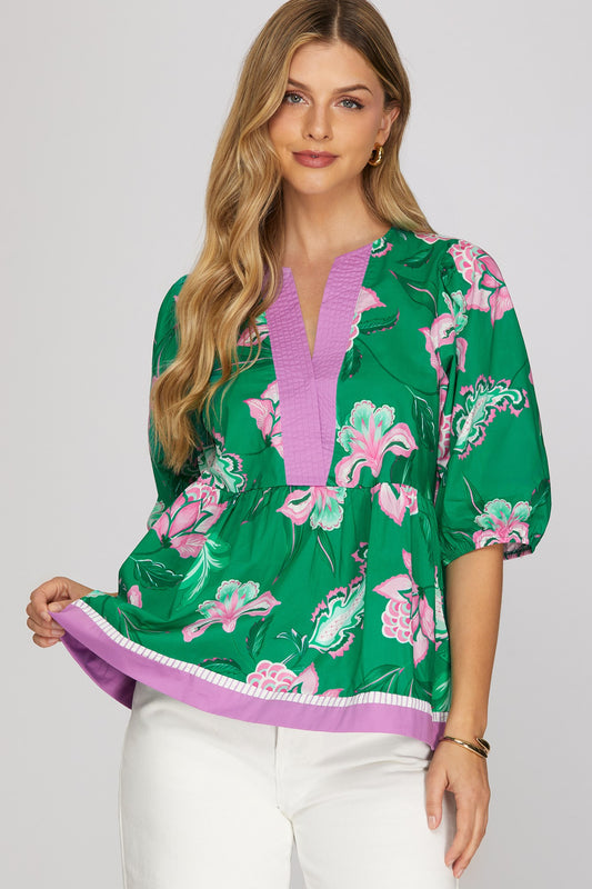 HALF SLEEVE WOVEN PRINT TOP WITH CONTRAST AND STITCHING DETAIL