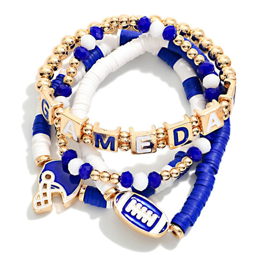 Set Of Four "Game Day" Heishi Beaded Stretch Bracelet Featuring Football Charms