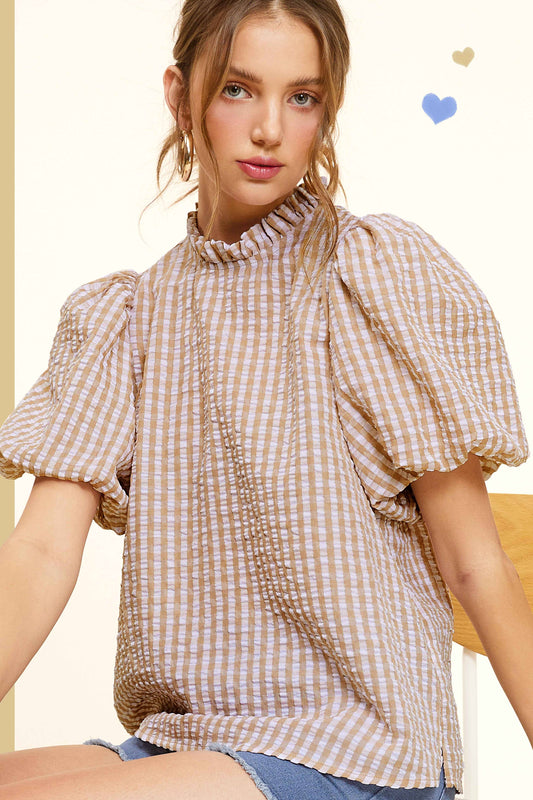 Gingham Check Print Puff Short Sleeve Top Fall