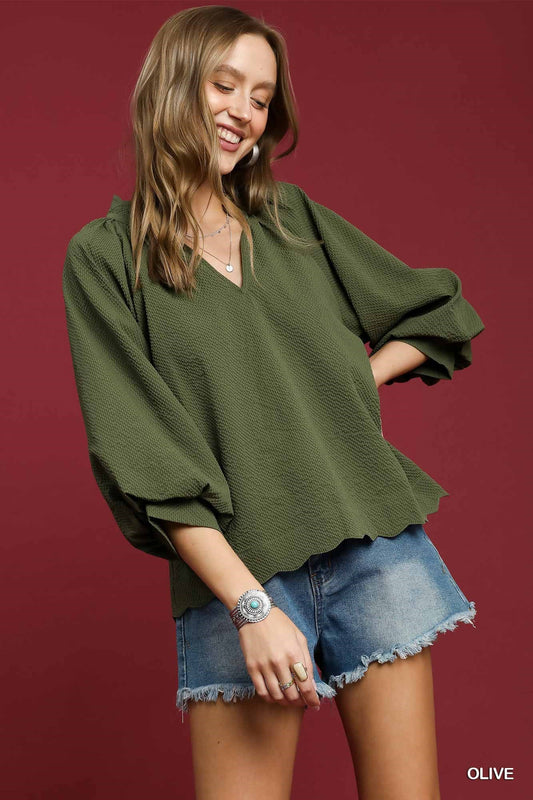 Split V Neck Top with Balloon Sleeves