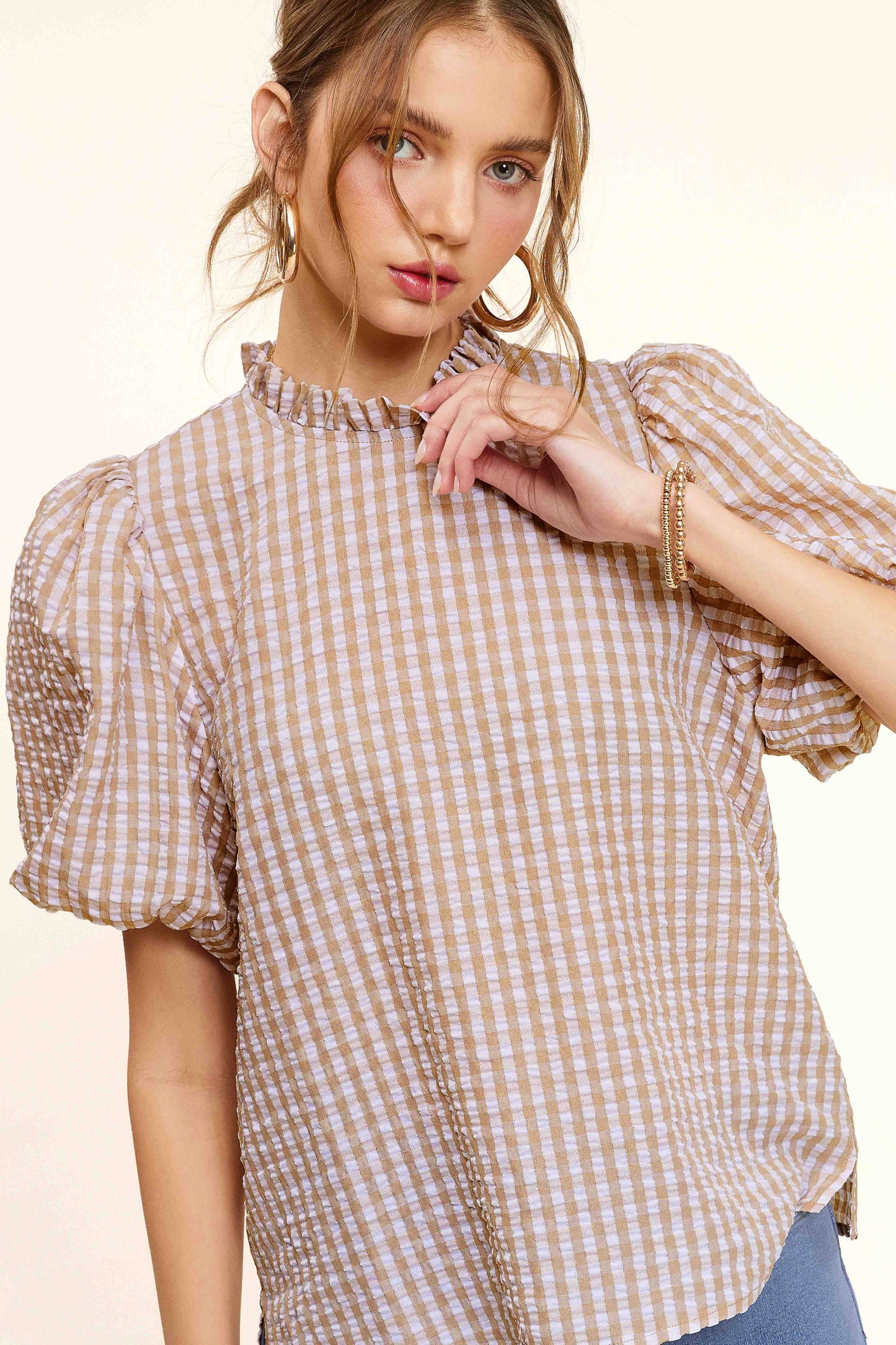 HCT7697-Gingham Check Print Puff Short Sleeve Top Fall