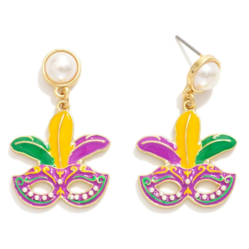 Enamel Mardi Gras Mask Post Drop Earrings Featuring Pearl Post