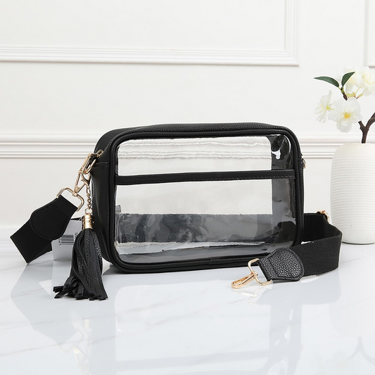 Clear PU Cross Body Bag With Leather Walls and Trim Featuring Detachable Leather Tassel