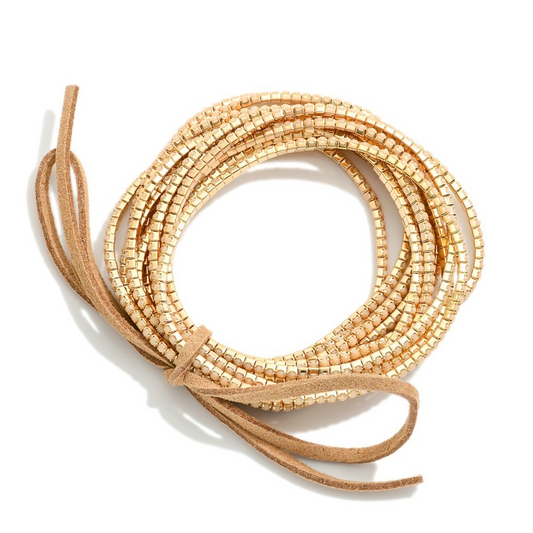 Set Of 12 Rhinestone Beaded Stretch Bracelets With Vegan Leather Bow Detail