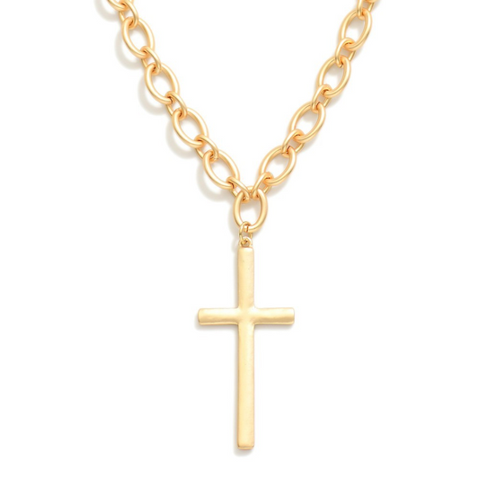 Chain Link Necklace Featuring Metal Tone Cross Pendant