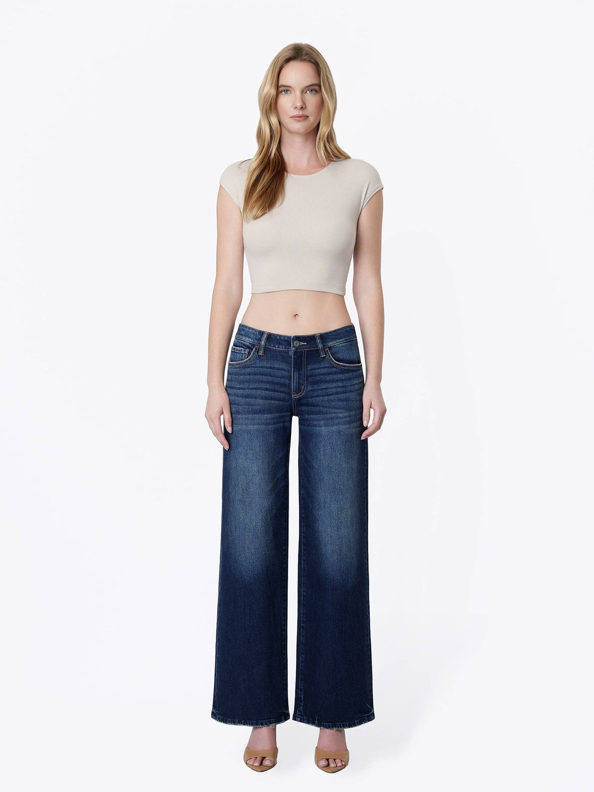 LOW RISE CINCH WAIST DARK WASH TINTED WIDE JEANS
