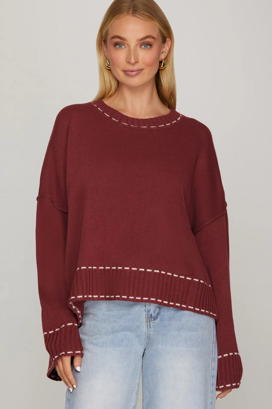 LONG SLEEVE SWEATER TOP WITH CONTRAST STITCH DETAIL