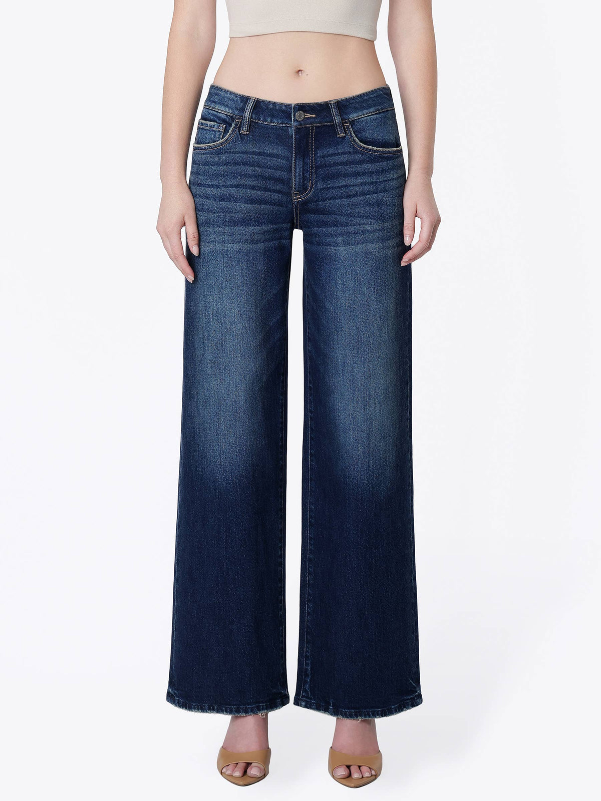 LOW RISE CINCH WAIST DARK WASH TINTED WIDE JEANS