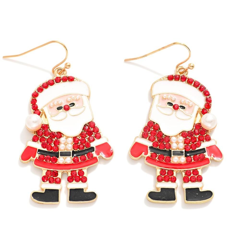 Rhinestone & Pearl Enamel Pink Santa Claus Drop Earrings