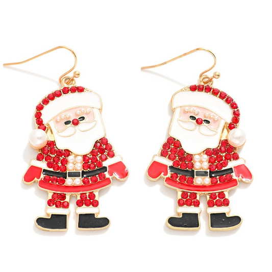 Rhinestone & Pearl Enamel Pink Santa Claus Drop Earrings
