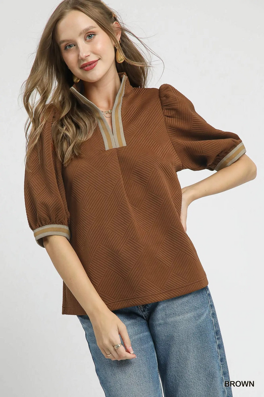 Textured Knit Half-Zip Top with Stripe Trim