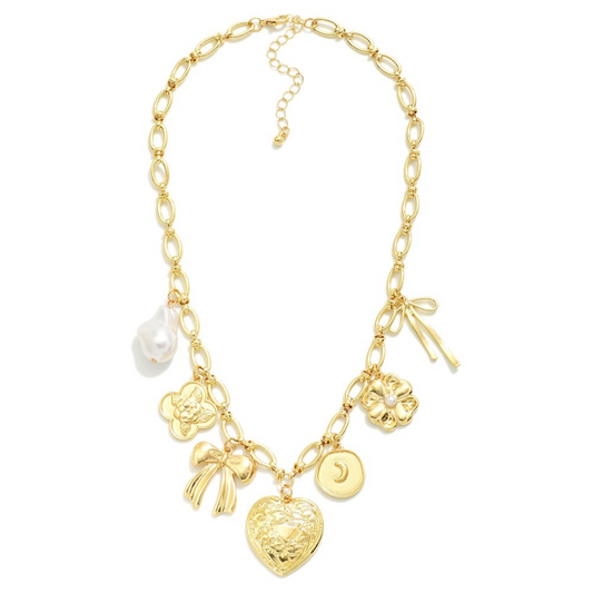 Chain Link Charm Necklace Featuring Metal Tones Bows, Flowers, & Pearl Charms