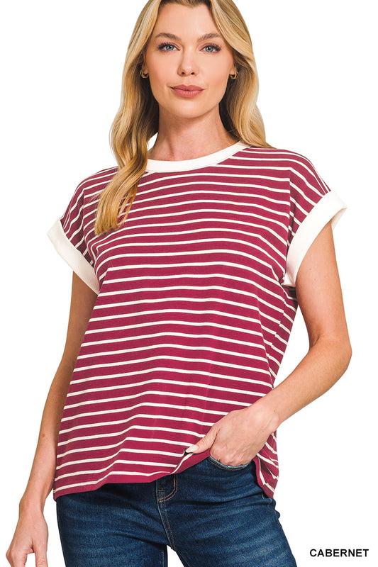 Contrast trim cap sleeve stripe tee