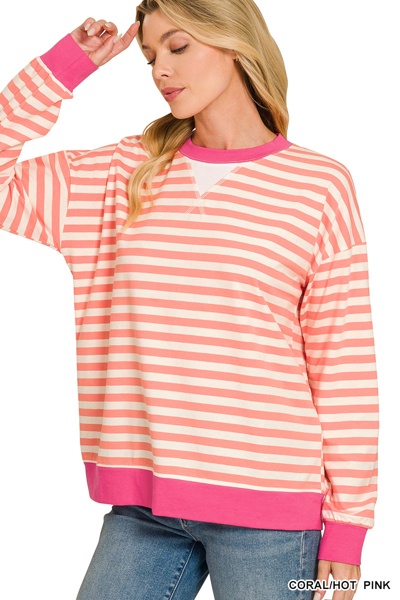Striped rib banded long sleeve pullover