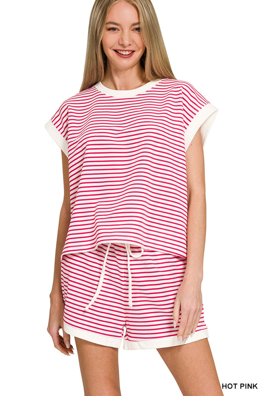 Stripe contrast trim top & shorts set