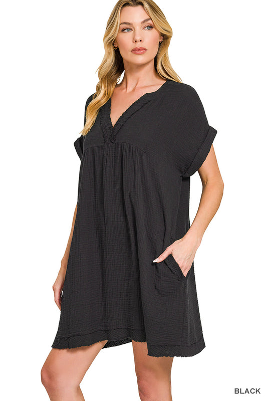 raw edge v-neck dress