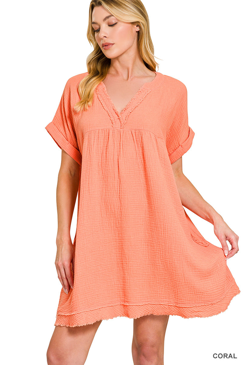 raw edge v-neck dress