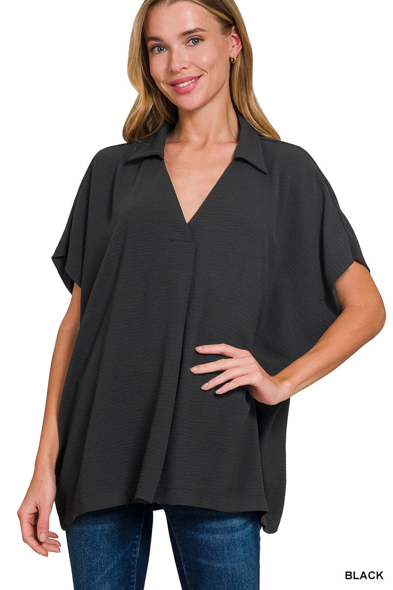 Woven airflow collared v-neck short sleeve top