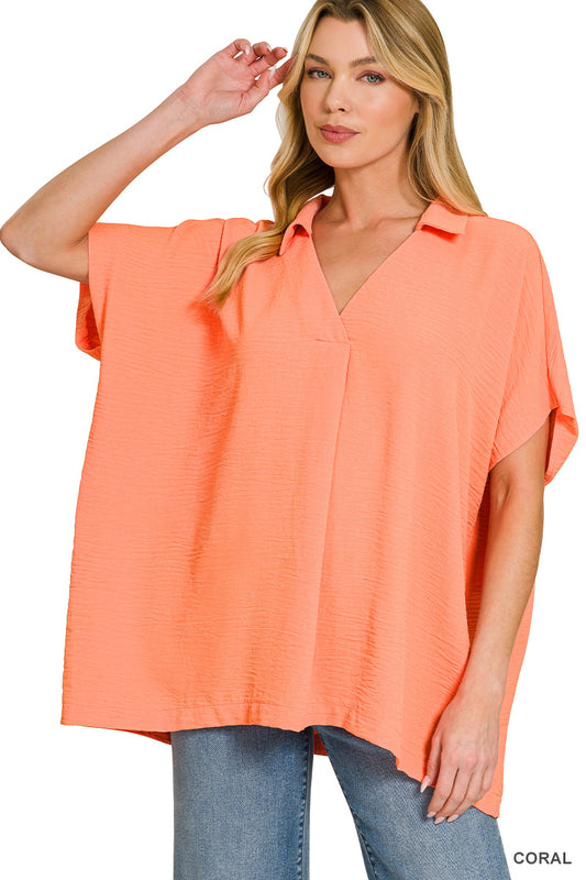 Woven airflow collared v-neck short sleeve top