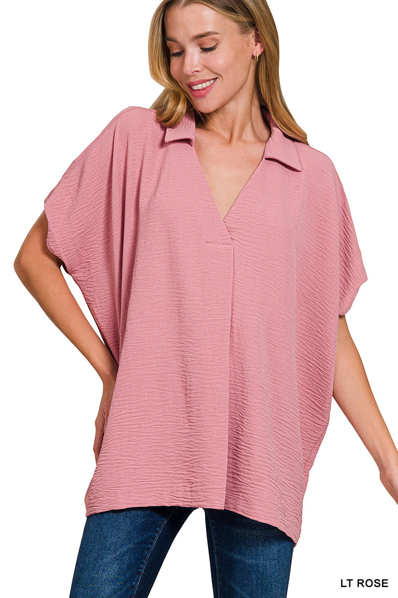 Woven airflow collared v-neck short sleeve top