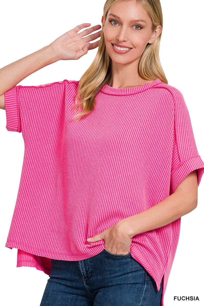 Raised rib cuff sleeve raw edge top