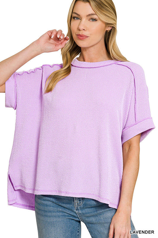 Raised rib cuff sleeve raw edge top