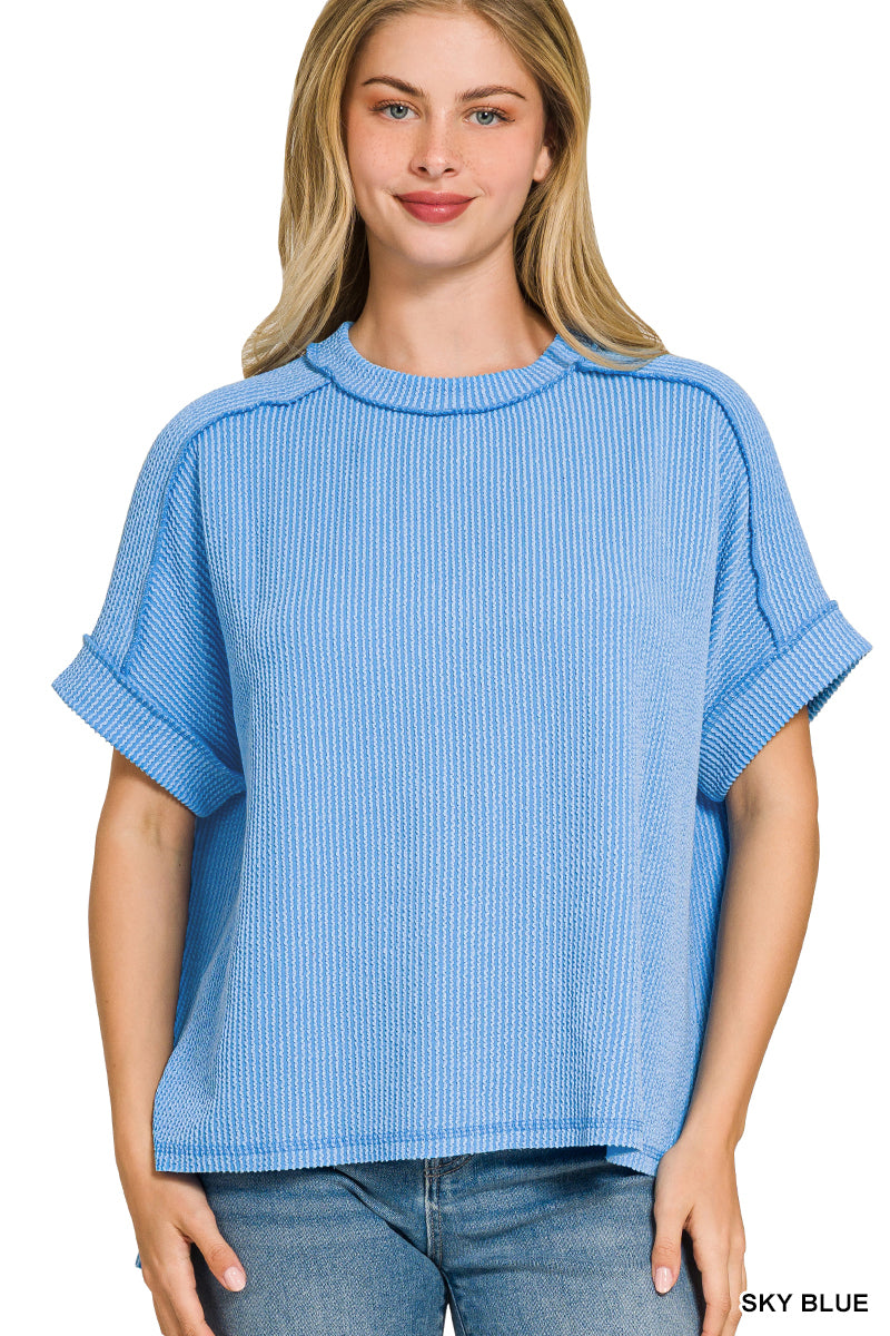 Raised rib cuff sleeve raw edge top