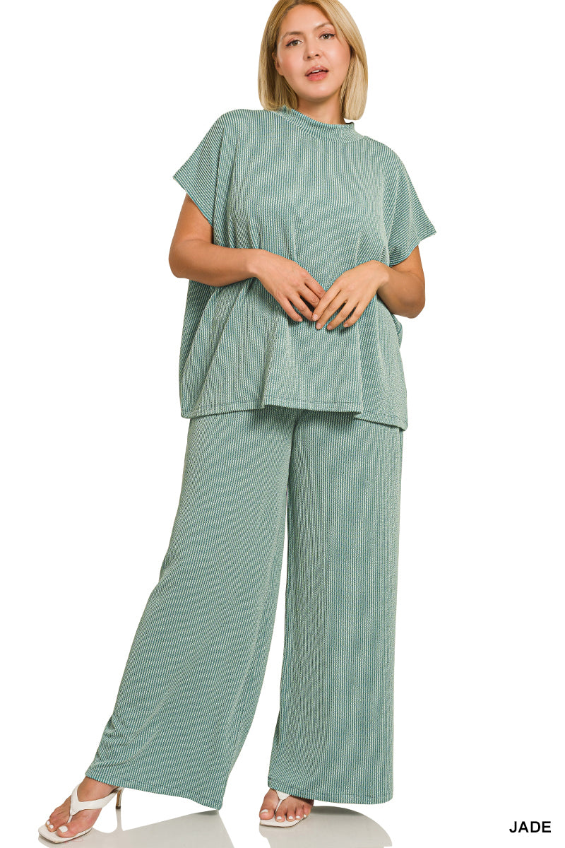 Plus raised rib short sleeve tee & pants set