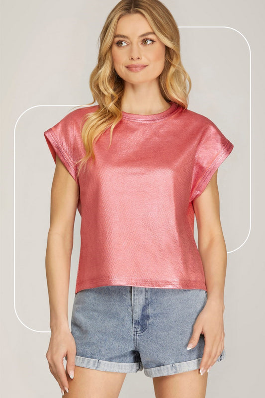 SHORT SLEEVE ROUND NECK METALLIC COATED LIGHT DISTRESSED KNIT TOP