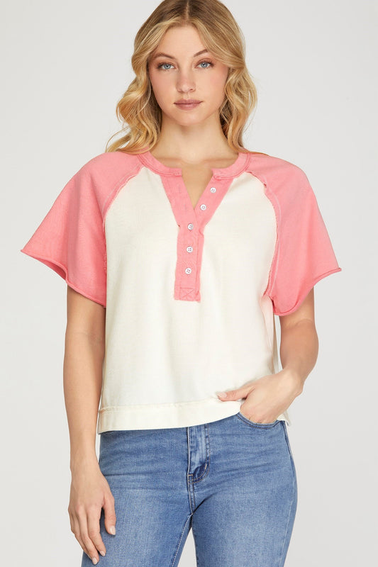 RAGLAN SHORT SLEEVE KNIT BUTTON UP COLOR BLOCK TOP