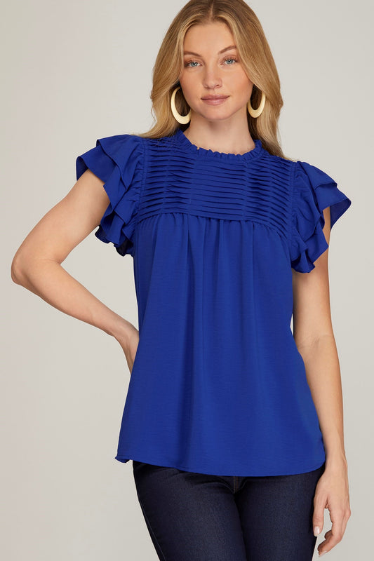 RUFFLE SLEEVE PLEATED YORK WOVEN TOP