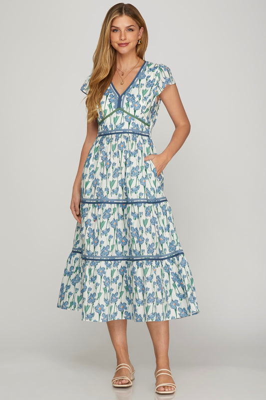 CAP SLEEVE FLORAL PRINT POPLIN WOVEN TIERED DRESS WITH CONTRAST TRIM DETAIL