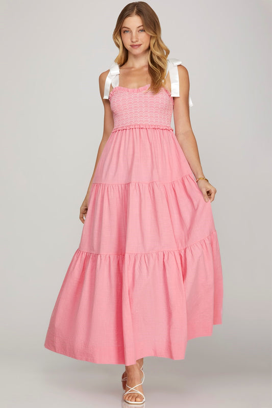 SHOULDER SATIN TIE CONTRAST SMOCKING TIERED WOVEN MAXI DRESS