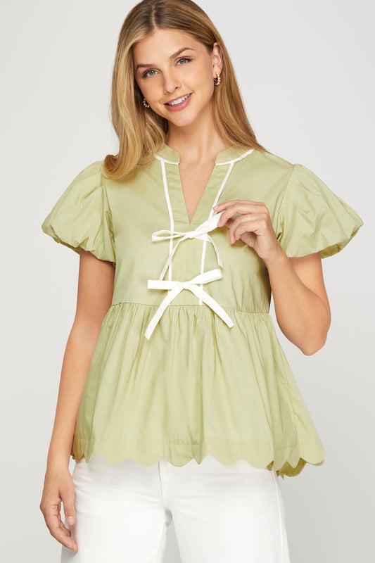 CAP BUBBLE SLEEVE FRONT BOW SCALLOP HEM TOP