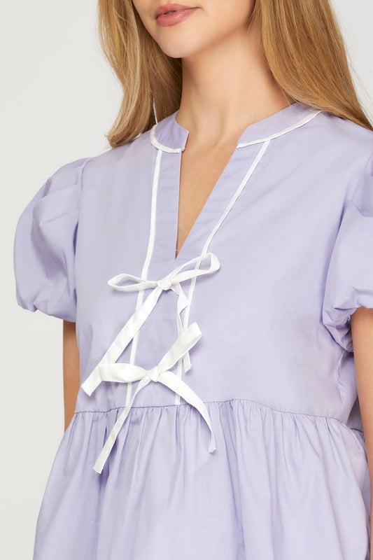 CAP BUBBLE SLEEVE FRONT BOW SCALLOP HEM TOP