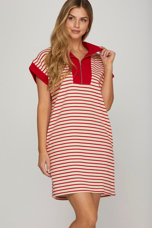 SHORT SLEEVE HALF ZIP STRIPED KNIT MINI DRESS WITH POCKETS