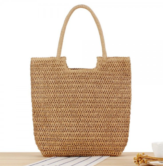 Woven Straw Tote Bag-Brown