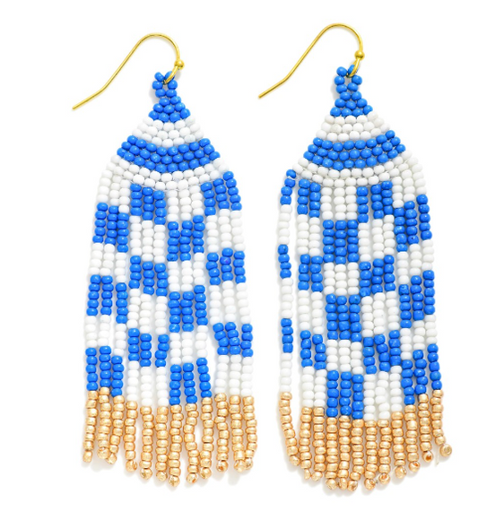 Checkered Seed Bead Tassel Earrings-Blue