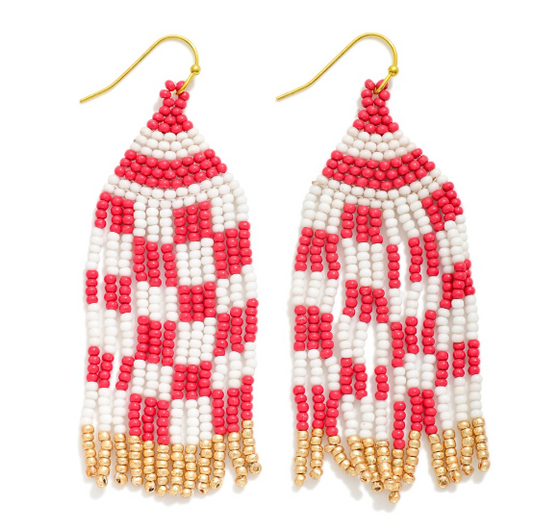 Checkered Seed Bead Tassel Earrings-Red