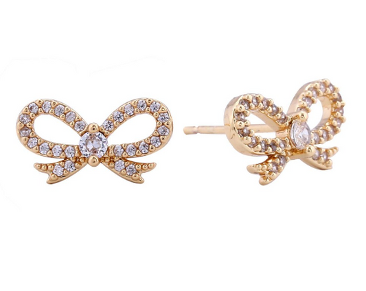 Gold Dipped Cubic Zirconia Studded Bow Stud Earrings