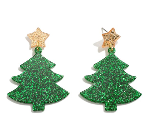 Green Glitter Christmas Tree Earrings