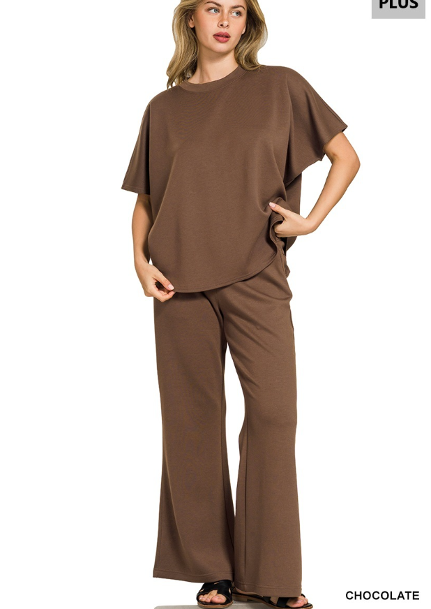 Plus scuba curved hem top & pants set