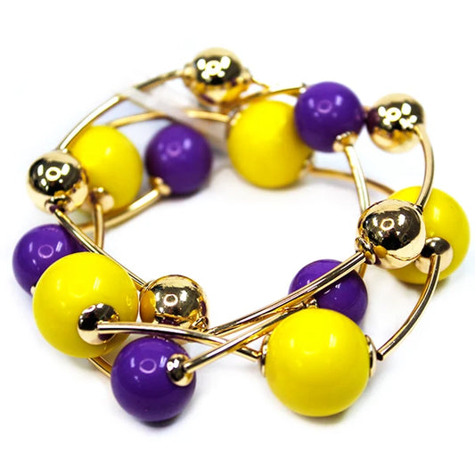 Gameday Purple and Yellow with Gold Ball Set of 2 Stretch Bracelets
