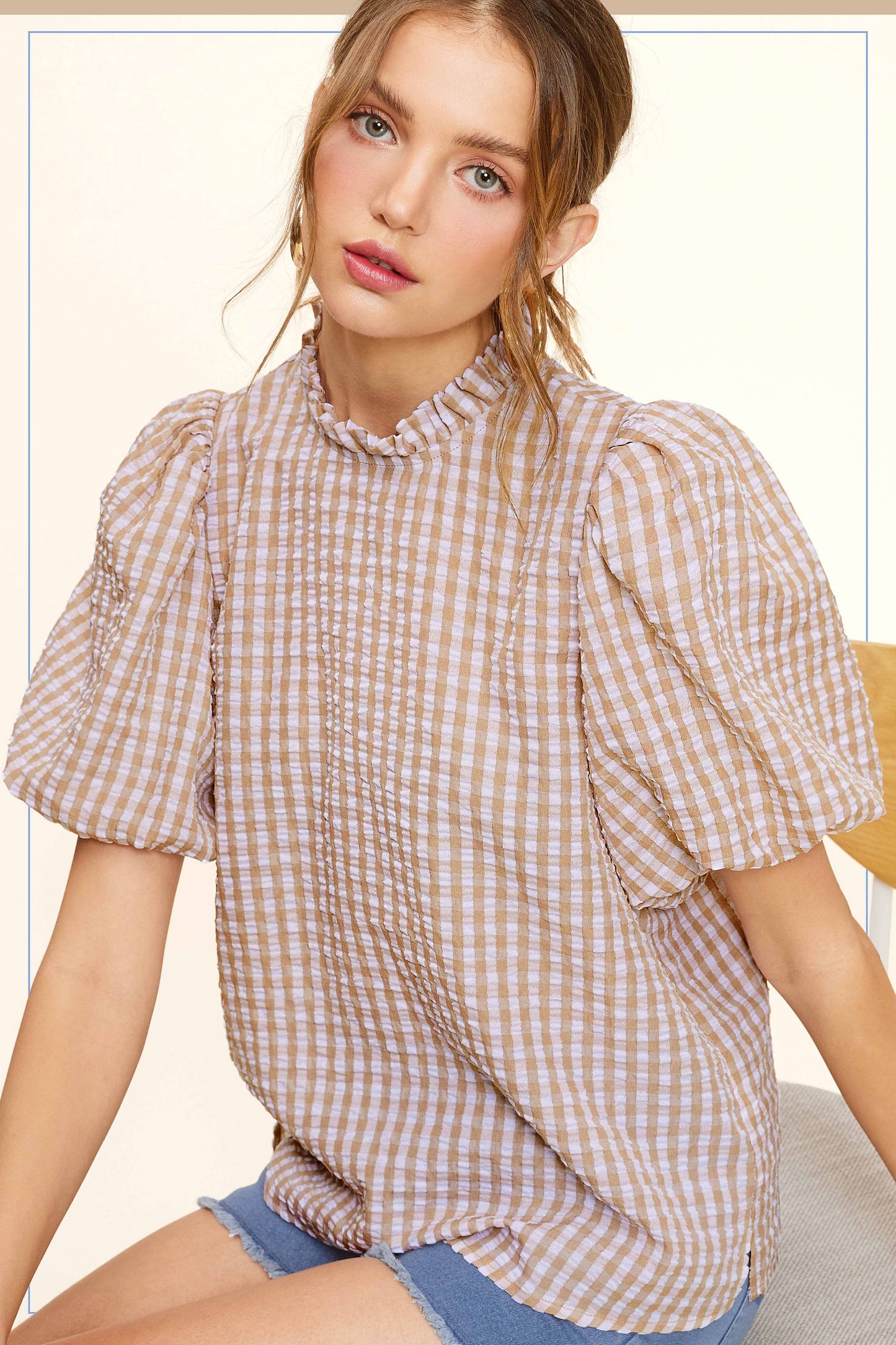 HCT7697-Gingham Check Print Puff Short Sleeve Top Fall